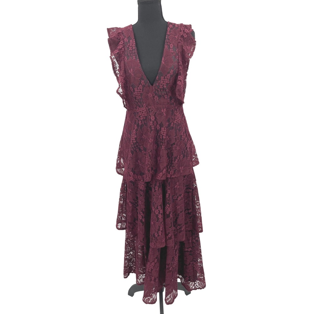 Lulus Molinetto Dress Womens S Burgundy Lace Tiered V-Neck‎ Ruffle Wedding Guest